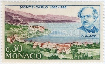 марка Монако 0,30 франка "General view of Monte Carlo around 1864, F. Blanc" 1966 год