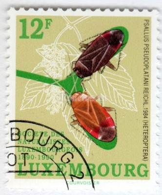 марка Люксембург 12 франков "Bug, Bed Bug (Psallus pseudoplatani)" 1990 год Гашение