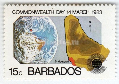 марка Барбадос 15 центов "Map and Globe" 1983 год