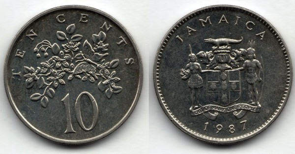 монета Ямайка 10 центов 1987 год