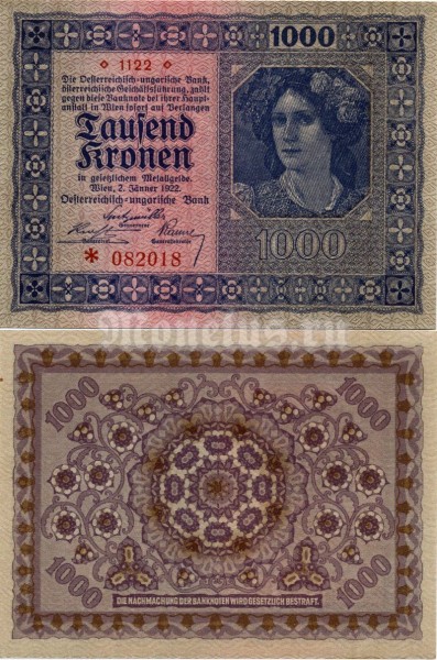 бона Австрия 1000 крон 1922 год