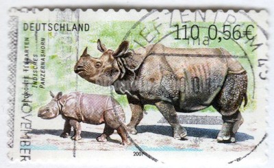 марка ФРГ 110 пфенниг "Indian Rhinocerus (Rhinoceros unicornis)" 2001 год Гашение