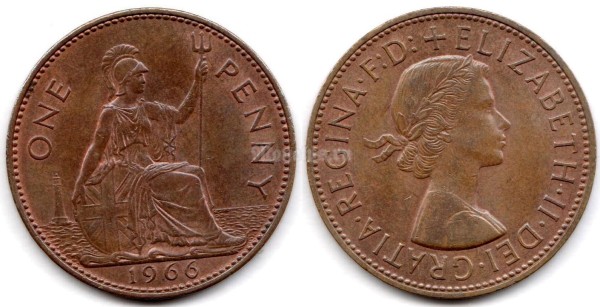 монета Великобритания 1 пенни 1966 год