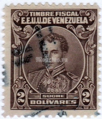 марка Венесуэла 2 боливара "Antonio José de Sucre" 1915 год гашение