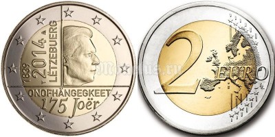 монета Люксембург 2 евро 2014 год 175 лет независимости Великого Герцогства Люксембург