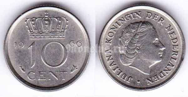 монета Нидерланды 10 центов 1966 год