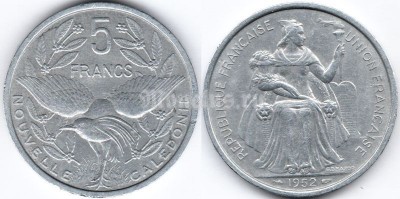 монета Новая Каледония 5 франков 1952 год - Птица Кагу