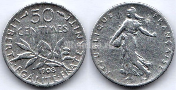 монета Франция 50 сантимов 1908 год