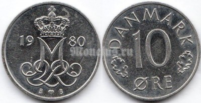 монета Дания 10 эре 1980 год