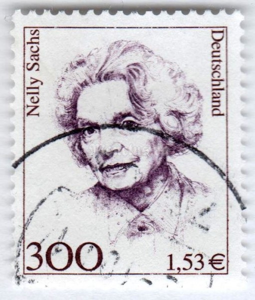 марка ФРГ 300 пфенниг "Nelly Sachs (1891-1970), writer, Nobel Prize 1966" 2001 год Гашение