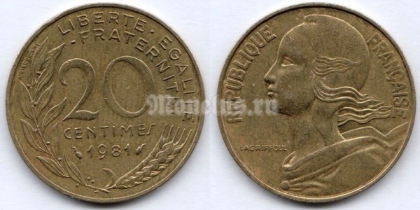 монета Франция 20 сантимов 1981 год