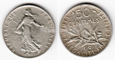 монета Франция 50 сантимов 1909 год