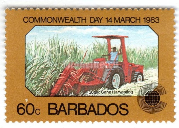 марка Барбадос 60 центов "Sugar Cane Harvest" 1983 год