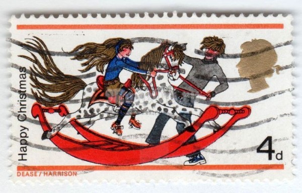 марка Великобритания 4 пенни "Boy and Girl with Rocking horse" 1968 год Гашение