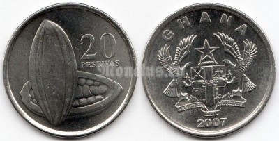 монета Гана 20 песев 2007 год - плоды какао