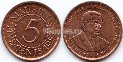 монета Маврикий 5 центов 1987 год
