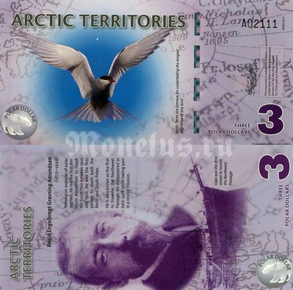 бона Арктика 3 доллара 2011 год, пластик. 1-й выпуск защитная полоса 