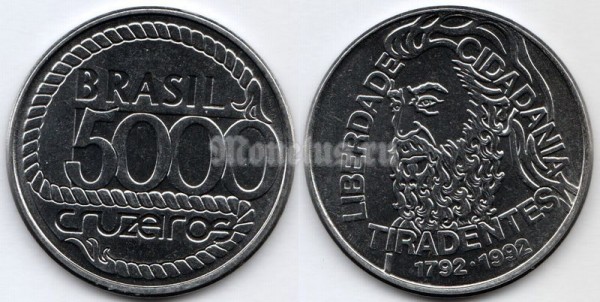 монета Бразилия 5000 крузейро 1992 год - 200 лет со дня смерти Тирадентиса