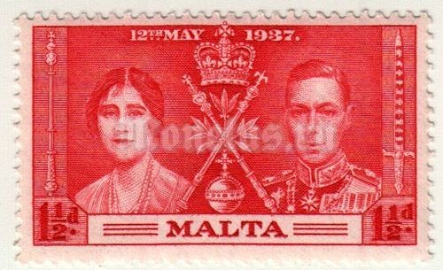 марка Мальта 1 1/2 пенни "Король Георг VI - коронация" 1937 год