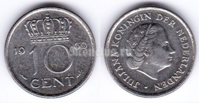 монета Нидерланды 10 центов 1969 год