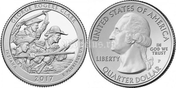 ​​монета США 25 центов 2017 год Национальный исторический парк имени Дж. Р. Кларка, штат Индиана, 40-й парк