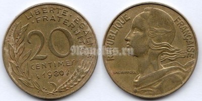 монета Франция 20 сантимов 1980 год