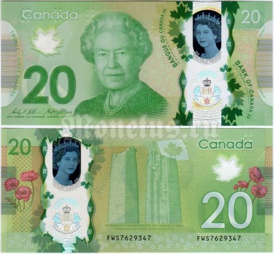 банкнота Канада 20 долларов 2015 год, пластик