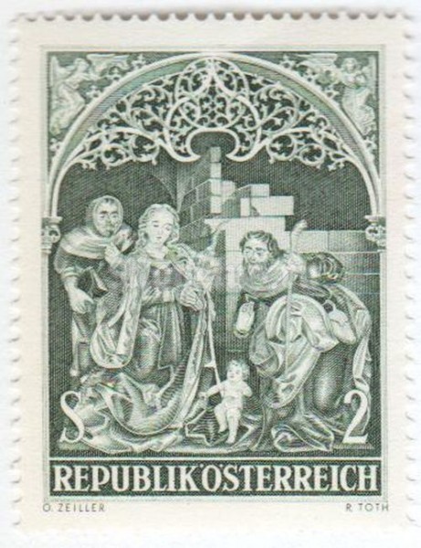 марка Австрия 2 шиллинга "Adoration of Shepherds" Johannes Chapel, Nonnberg Abbey" 1967 год