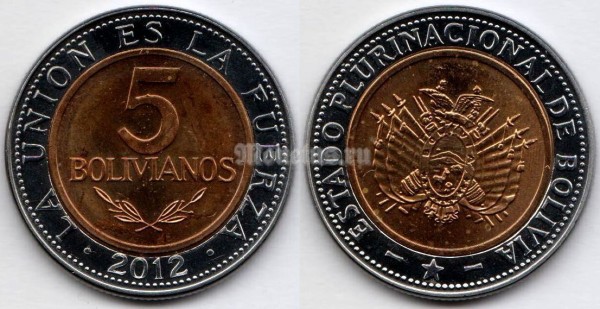 монета Боливия 5 боливиано 2012 год