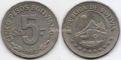 монета Боливия 5 песо 1980 год, 30 мм.