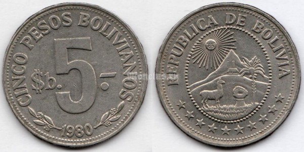 монета Боливия 5 песо 1980 год, 30 мм.