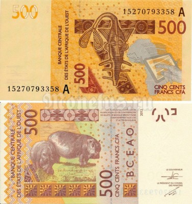 бона Западная Африка 500 франков 2012 год (Буква А - Кот-д-Ивуар)