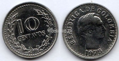 монета Колумбия 10 сентаво 1975 год