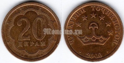 монета Таджикистан 20 дирамов 2006 год
