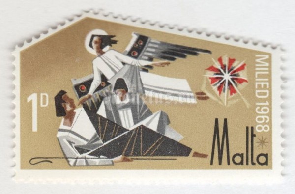 марка Мальта 1 пенни "Star of Bethlehem and Angel waking Shepherds" 1968 год