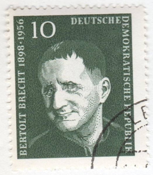 марка ГДР 10 пфенниг "1st death anniversary of Bertoldt Brecht" 1957 год Гашение