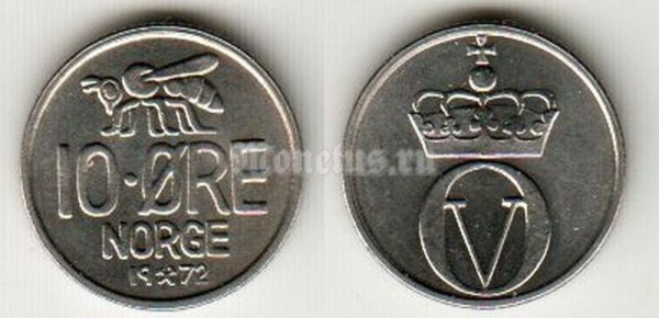 монета Норвегия 10 эре 1972 год Пчела