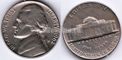 монета США 5 центов 1962 год без отметки монетного двора