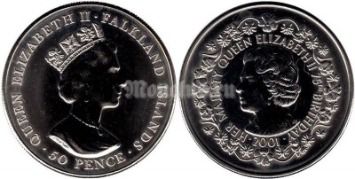 Монета Фолклендские острова 50 пенсов 2001 год 75 лет Елизавете II