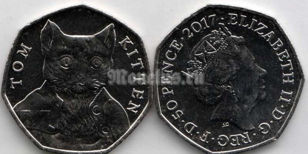 монета Великобритания 50 пенсов 2017 год Котёнок Том - 150 лет со дня рождения Беатрис Поттер
