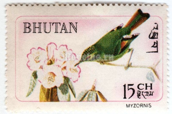 марка Бутан 15 чертум "Fire-tailed Myzornis (Myzornis pyrrhoura)" 1968 год