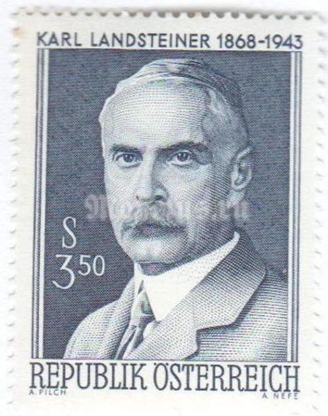 марка Австрия 3,50 шиллинга "Karl Landsteiner (1868~1943) bacteriologist, Nobel 1930" 1968 год