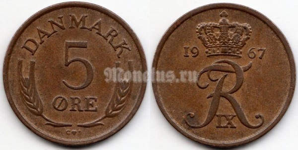 монета Дания 5 эре 1967 год