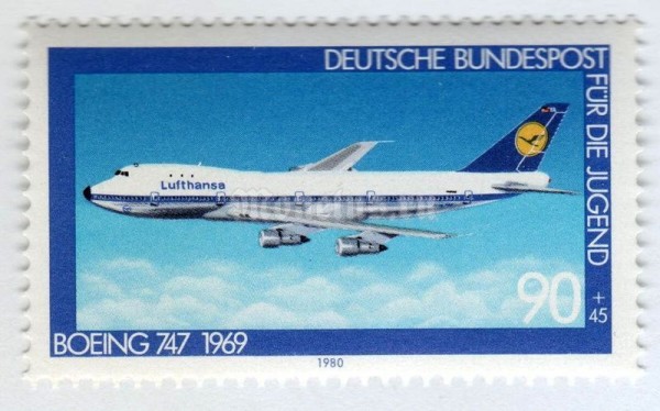 марка ФРГ 90+45 пфенниг "Boeing 747-100 jetliner (1969)" 1980 год