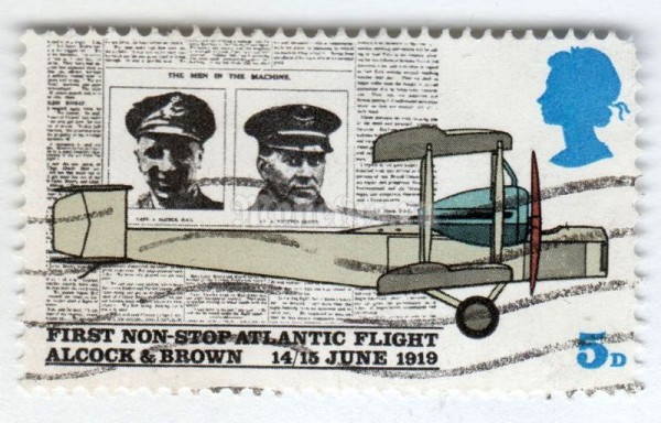 марка Великобритания 5 пенни "Page from Daily Mail, and Vickers FB-27 Vimy Aircraft" 1969 год Гашение