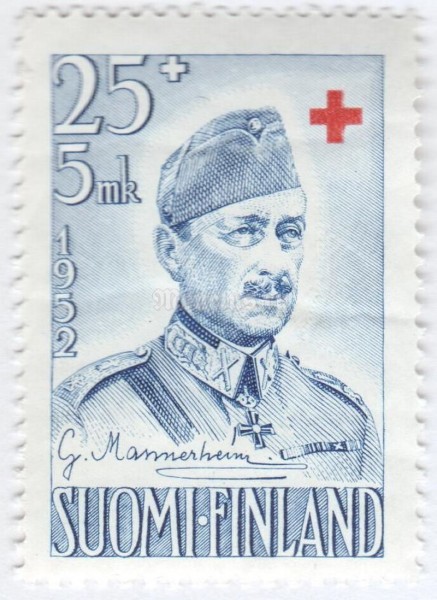 марка Финляндия 25+5 марок "Carl Gustav Emil Mannerheim, Marshall of Finland (1867-1951)" 1952 год