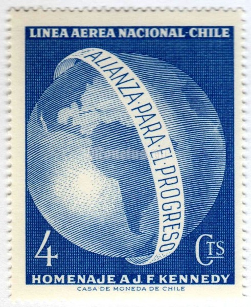 марка Чили 4 чентезимо "Western hemisphere in memory of John F. Kennedy" 1964 года