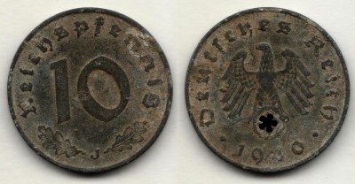 монета Германия 10 рейхспфеннигов 1940 год J