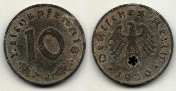 монета Германия 10 рейхспфеннигов 1940 год J