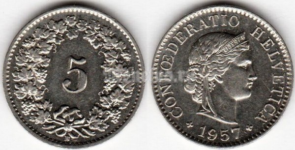 монета Швейцария 5 раппенов 1957 год